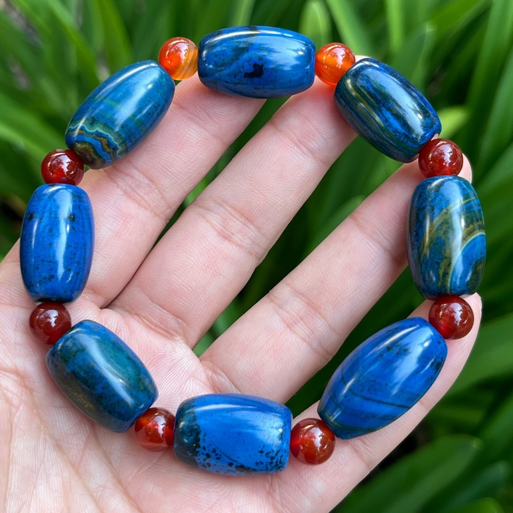 14mm stretchable‎ barrel beads banded blue agate bracelet